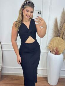 Women's Midi Dress, Two Ways To Wear, Knot At The Back Or Front With Slit On The Sides, Ribbed Knit - màu đen - Xem 6