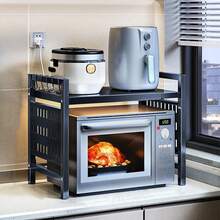 Adjustable Microwave Rack With Knife Holder And 6 Hooks, 2-Tier Extendable Microwave Oven Stand, Carbon Steel Microwave Shelf For Kitchen And Storage, Black/White - 黑色 - 查看 8