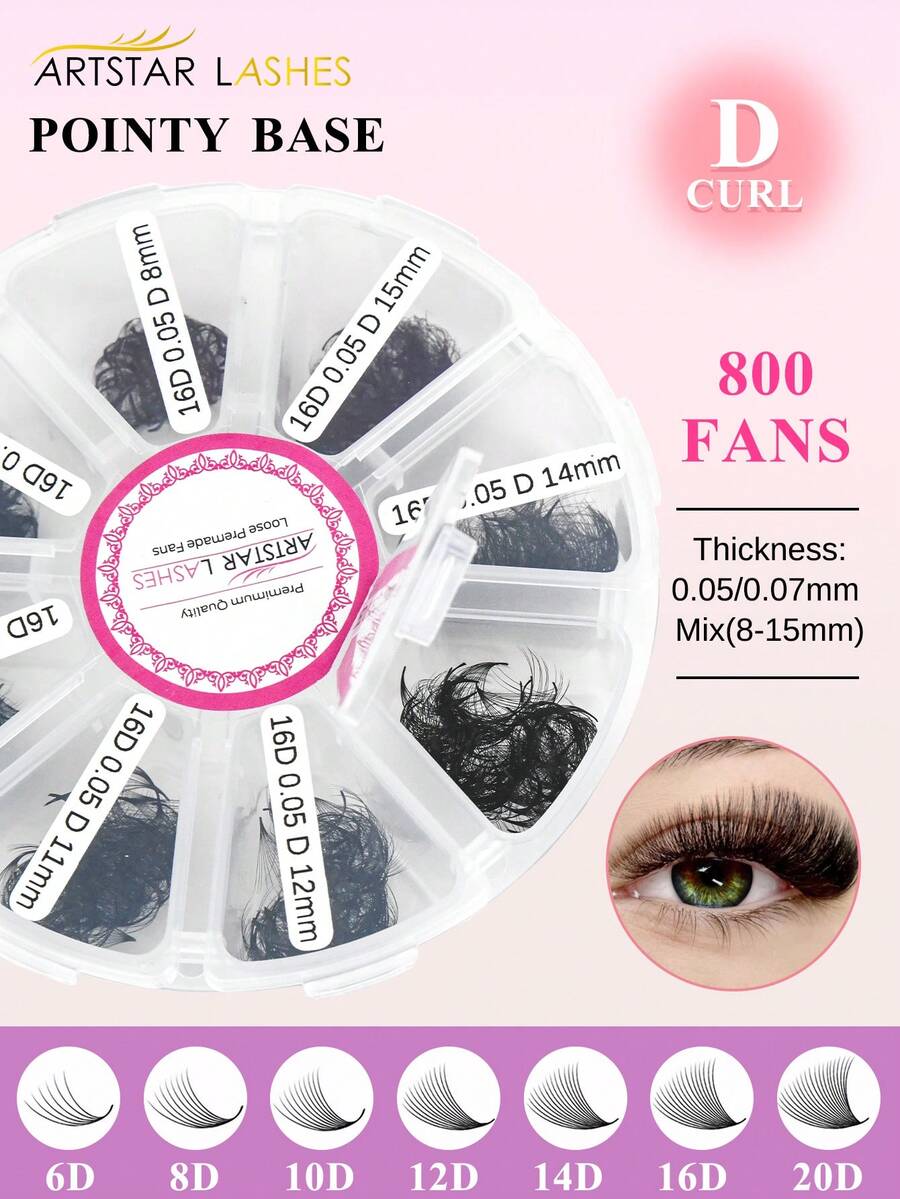 Curl D 800 Fans Loose Fan Mixed Length Pointy Base Premade Fans Sharp Thin Slim Medium Stem Volume Russian Eyelashes Extensions - D - View 1