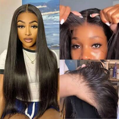 戴上即走无胶直发假发，女士真人发 4x4 5x5 闭合假发，真人发预拔蕾丝前假发，预剪无胶假发 40 英寸超长直发假发，自然黑色，200% 密度（鲍勃假发 8-14 英寸）