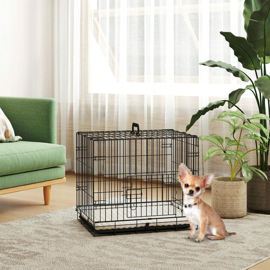 PawHut Dog Crate With Two Doors, Tray, Soft Cushion, For Extra Small Dogs - Black - View 1