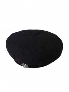 1pc Vintage Inspired Casual Wool Beret Hat With Rhinestones, Flattering Painter Cap, Versatile For Autumn/Winter, Suitable For Valentine's Day