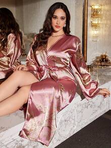 1 pièce Robe de chambre en satin à imprimé floral pour grandes tailles, robe de chambre ample à manches longues et col en V, style kimono avec ceinture à la taille, tissu doux et soyeux, lavable en machine, convient pour un usage domestique - Rose bonbon - Voir 3