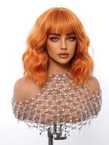 Tóc giả ngắn xoăn màu cam cháy, dài 14 inch, có mái bằng, chất liệu tổng hợp, phù hợp cho nữ giới sử dụng hàng ngày, dự tiệc, Giáng sinh và các dịp khác. - Màu Cam cháy - Xem 4