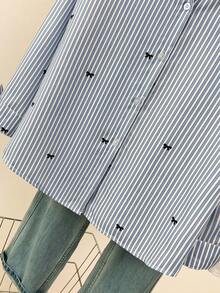 Women's Bow Tie Striped Print Long Sleeve Shirt, Button Front, Shirt Collar, Casual Top, Suitable For Spring, Autumn And Winter - Blue - View 6