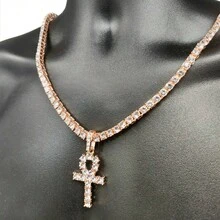 ANKH Cross Pendant ICED Tennis Chain Gold Plated Silver Rose Hip Hop CZ Necklace - Vàng hồng 14k - Xem 2