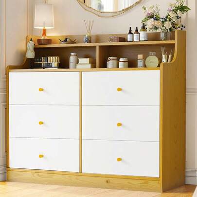 Cómoda De Cama Con 6 Cajones Organizadores De Madera Blanca 130 x 40 x 96 cm Cómoda de cama 6 cajones organizadores madera blanca gran capacidad dormitorio almacenamiento moderno