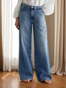 Blue High-Waisted Straight-Leg Jeans For Women, New Elastic Slim-Fit Narrow-Cut Loose Wide-Leg Floor-Length Pants For Autumn And Winter - 藍色 - 查看 3