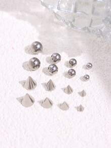 1set 16pcs  Stainless Steel Geometric Ball Fake Piercing Stud Set Fake Nose Ring Stud Sticker Pack Fake Eyebrow Lip Piercing Non Piercied Body Jewelry - Silver - View 10