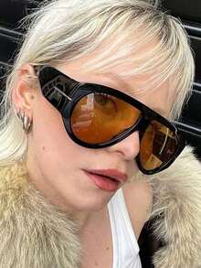 1pc Vintage Oversized Pilot Fashion Glasses Women For Men Shades Big Frame Windproof Popular Punk Beach Accessories For Women Glasses Shades Y2K Fest Music Fest For Summer Beach Vacation, Outdoor, Travel - 棕色 - 查看 3