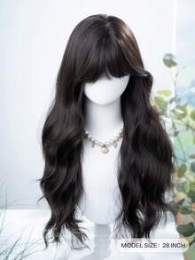 alicegarden 1 Synthetic Heat-Resistant Wig With Bangs, Black Long Rolled Wig, 28 Feet Long, Made Of Fiber, Suitable For Daily Use, Natural Simulation Wig