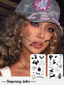 1 Piece Of Halloween Funny Witch Ghost Pumpkin Bat Spider Web Halloween Night Decoration Temporary Tattoo Sticker Suitable For Cosplay Halloween Cartoon Decoration Party Tattoo Waterproof And Sweatproof Suitable For People