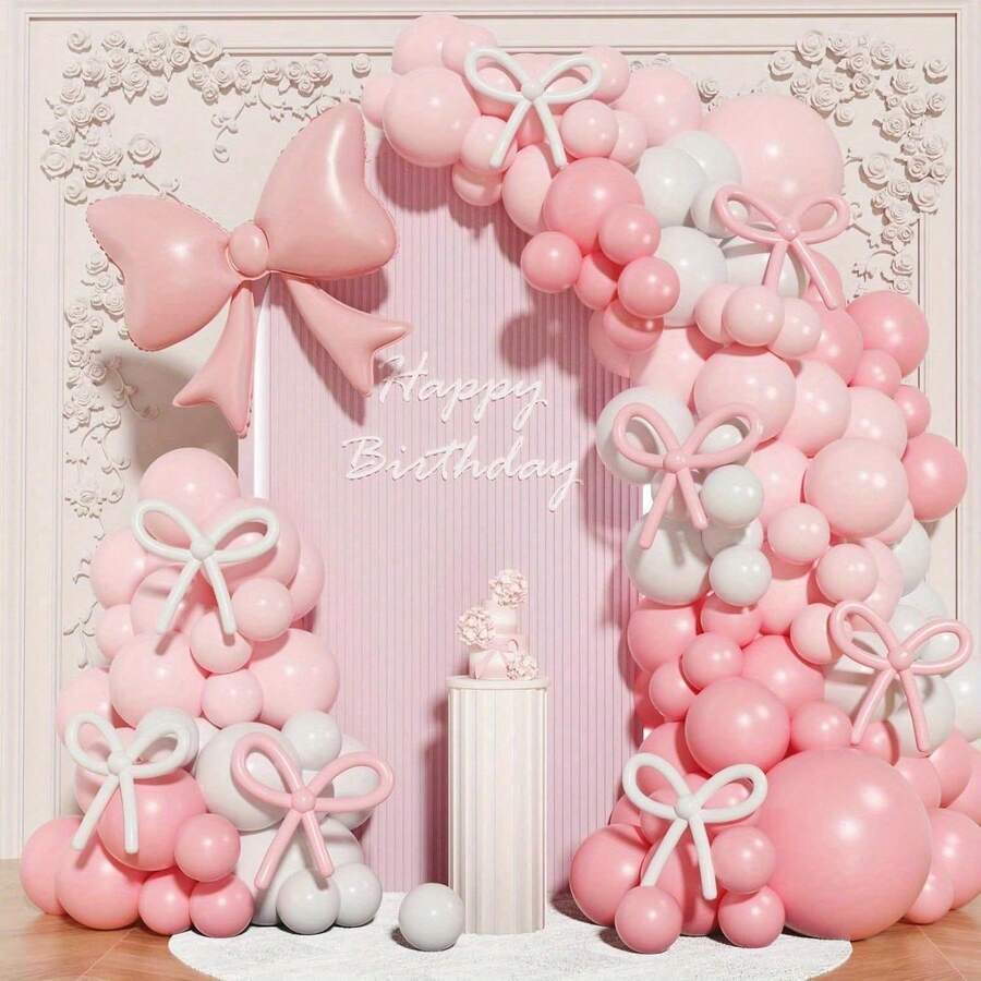 152pcs Pink/Black Bow Balloon Arch Set, Perfect For Weddings, Engagements, Birthday Parties, Baby Showers, Bridal Showers, Bachelorette Parties, Party Decorations, Room Decorations And Party Supplies - 粉色 - 查看 1