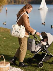 Personalized Embroidered Mommy Bag - Fashionable Large Capacity Diaper Tote Bag/Travel Shoulder Bag | Cute Cartoon Design | Customizable Name | Perfect Gift For New Moms