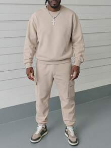 新款男士纯色休闲运动服套装简约日常通勤秋冬圆领套装 - 卡其色 - 查看 4