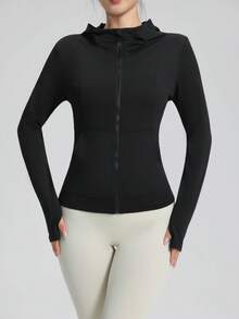 Damen Outdoor Lässig Sport Fitness Reißverschluss Langarm Kapuzenjacke mit Taschen und Daumenöffnungen