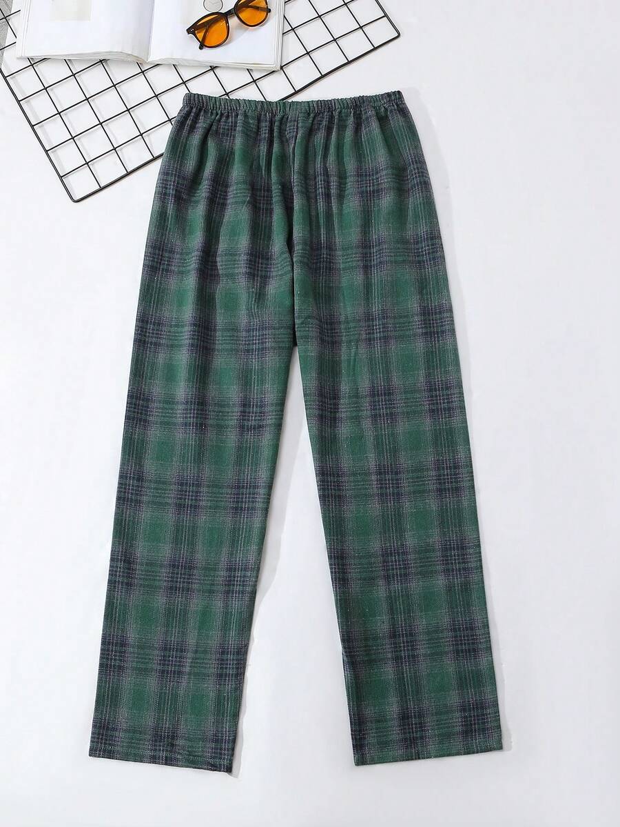 Men's Fashion Casual Thick Elastic Waist Plaid Print Loose Pajama Pants - Green - View 1