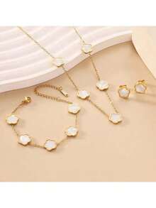 Conjunto de joyería de collar, pulsera y aretes con colgante de flor de 5 pétalos de acero inoxidable, accesorios de moda versátiles, mejor regalo para mujeres