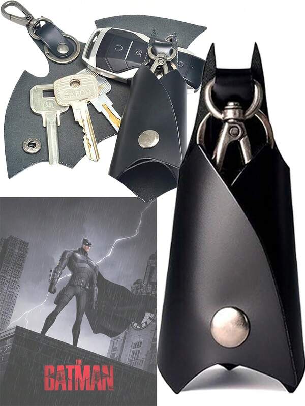 Warner Bros 1 pieza Bolsa para llaves de coche de superhéroe Batman de Warner Bros, funda de cuero de PU con diseño de dibujos animados lindos para protección de llaves de coche, bolsa anti-pérdida para el hogar para hombres y mujeres, ideas de regalo de Navidad, accesorios de bolsa, cordones con soporte para identificación, accesorios de coche, encantos de bolsa