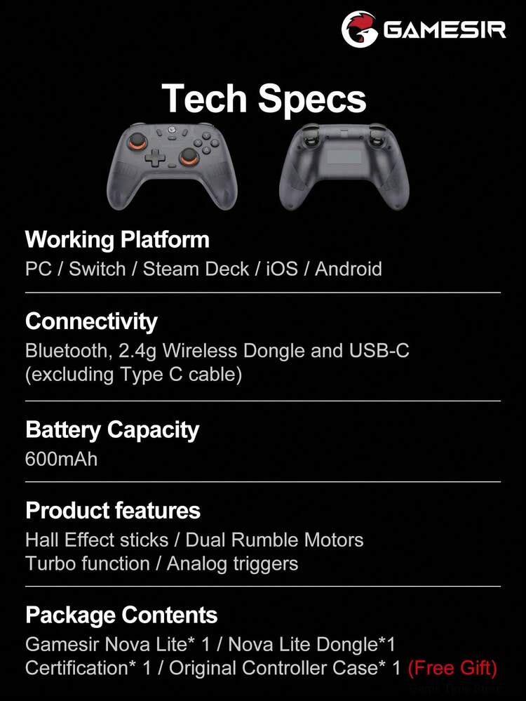 GameSir PC Game Controller, Compatible With 2 Gamepads, Nova Lite Joystick, Compatible With Switch, Steam, Deck, Android, IOS Devices And Windows, Hall Effect Joystick, Comes With Original Controller Protective Case, High Cost Performance, Simulated Trigger Buttons, Dual Rumble Motors, Supports Rapid Fire, Gaming Console Accessory, 600mAh Lithium Battery, Supports Wireless (2.4G) Or Wired Connection, Semi-Transparent Black - Translucent Black - View 11