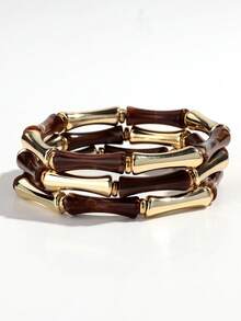 1 Set Of 3pcs Bohemian Acrylic Marble Texture Olive Green Bamboo Beaded Elastic Bracelets, Suitable For Women's Daily Wear, Gift, Holiday, Beach Jewelry - Blue - View 10