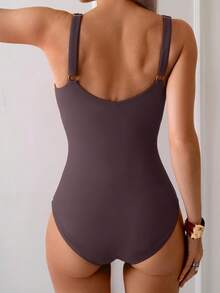 Tummy Control One Piece Swimsuit With Ruched Design - 紅棕色 - 查看 3