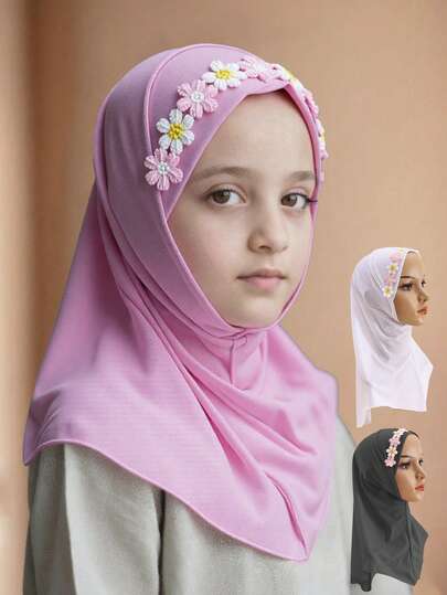 1pc Children/Girls Floral Hijab, Middle Eastern Ramadan Arabic Style, Cute & Elegant, Breathable & Adjustable, Suitable For All Seasons, Gift For Ramadan