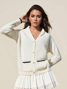 Women's Shawl Collar Cardigan Long Sleeve V Neck Graphic Print Button Down Sweater Knit Tops - 彩色 - 查看 6