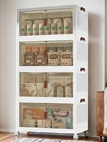 60cm/4layers Foldable Storage Box With Wheels And Magnetic Doors - Plastic Covered Storage Box, Space-Saving Design, Suitable For Clothes, Snacks, Camping Supplies - Modern Home And Outdoor Storage And Organization, Modern Aesthetics. - White - View 1