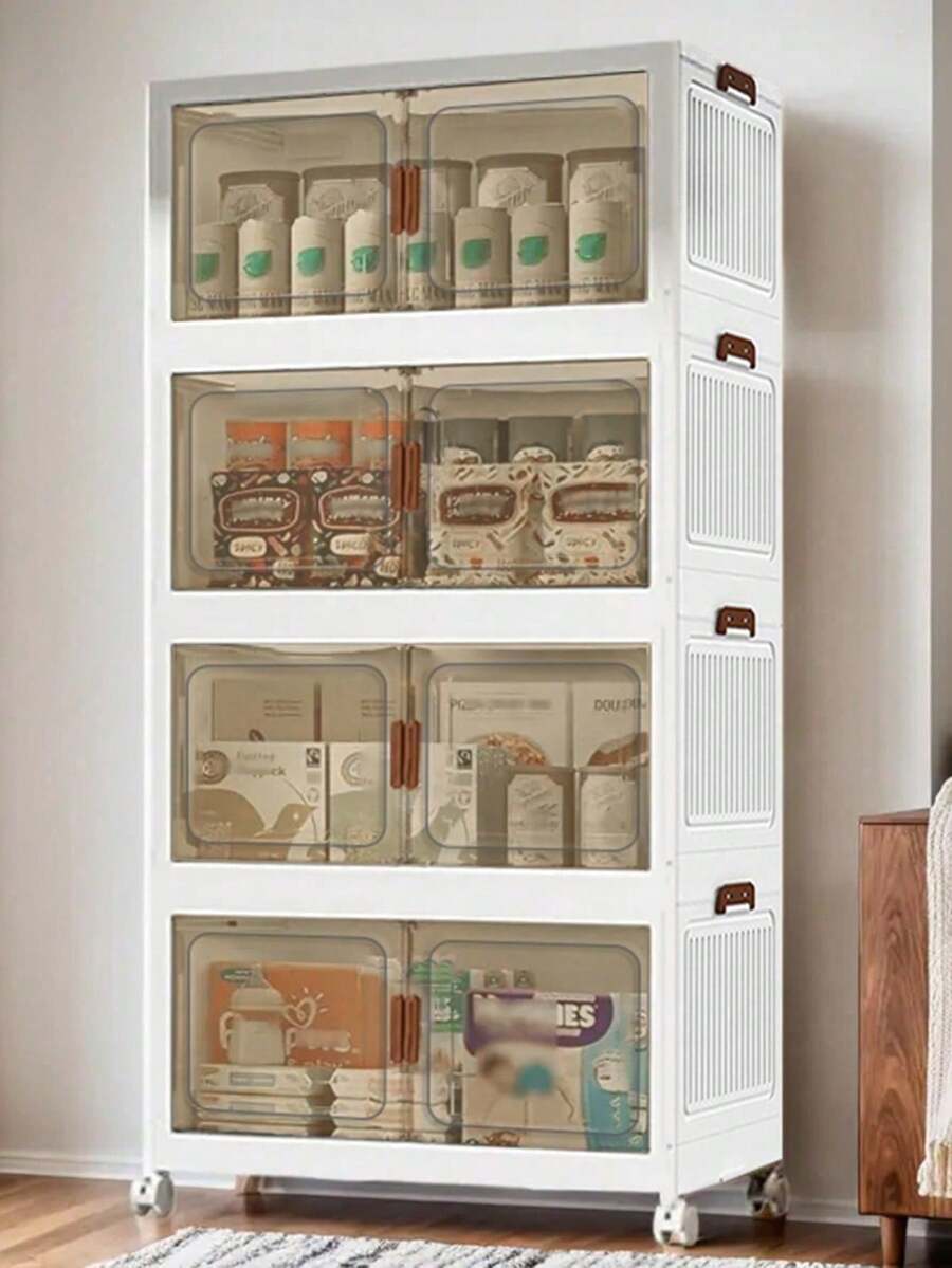 60cm/4layers Foldable Storage Box With Wheels And Magnetic Doors - Plastic Covered Storage Box, Space-Saving Design, Suitable For Clothes, Snacks, Camping Supplies - Modern Home And Outdoor Storage And Organization, Modern Aesthetics. - White - View 1