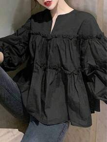女士休闲宽松衬衫，梭织面料，适合休闲、度假、日常穿着、海滩、春秋季穿着，黑色 - 黑色 - 查看 3
