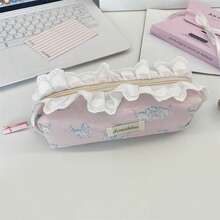 1 bolsa para lápis com estampa de gato e renda, grande capacidade, design colorido e portátil, adequada para cenários de armazenamento de papelaria, caixa de papelaria/organizador de estojo de lápis