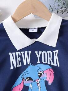 2 件女童休闲校园风格字母和卡通印花长袖运动衫和百褶迷你裙套装，春秋 - 寶藍色 - 查看 4