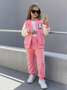 2 piezas/Conjunto Conjunto informal de sudadera con capucha tipo A-line con cremallera + pantalones con bloques de color para niñas jóvenes - Rosa - Ver 10