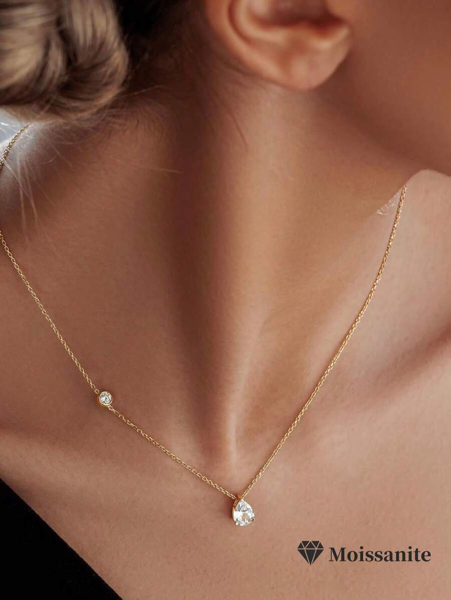 1pc Minimalist S925 Sterling Silver 1.25CT Teardrop Moissanite Necklace, Daily Wear & Gift For Women, Valentine's Day