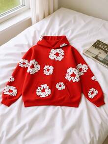 One Piece Set Denim Flower Puff Print Hoodie, Polyester Graphic Vintage Pullover Streetwear Voor Men - Red - View 2