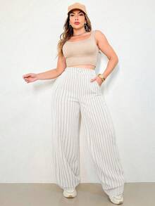 A&DD MODA, REF: H932(PLUS SIZE) - Plus Size Women's Striped Pants, Stylish Plus Size, High Waist, Wide Leg, Elegant, Casual, Formal, Lightweight, Modern, Comfortable, Women's Pants, Lightweight Fabric, Striped Print, Simple Look, Versatile, High Quality ✨ - 白色 - 查看 3