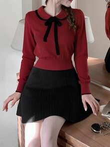 Women's Contrast Trim Crew Neck Sweater With Small Collar, Autumn/Winter - Dark Red - View 4