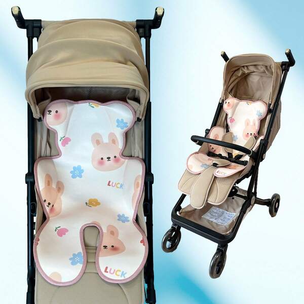 1pc Summer Breathable Baby Stroller Pad - Linen Blend Fabric, Cartoon Lucky Rabbit Design, Cooling Stroller Cushion Suitable For Hot Summer, Baby Stroller Accessory | Adorable Cartoon Pattern Design | Fit Design, Outdoor Baby Mat, Daily Use, Breathable Baby Pad.