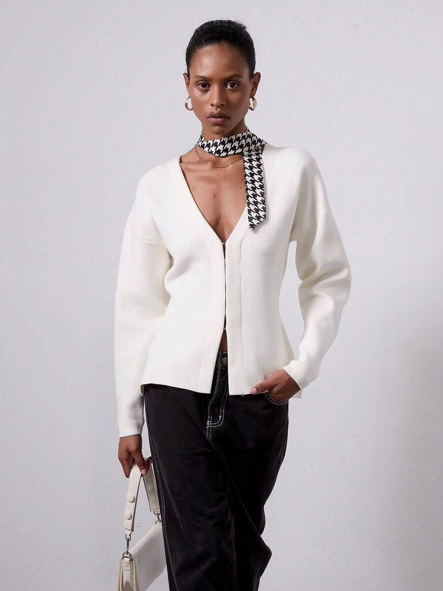 Se-Helo Women's Solid Color Minimalist Casual Design Loose Knit Long Sleeve Cardigan - White - View 1