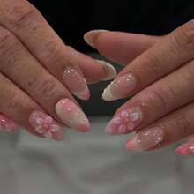 24片装短款杏仁形美甲贴纸，甜美粉色，3D水滴花朵图案，美甲套装（包含：1瓶果冻胶和1把指甲锉），适合女性日常约会和派对美甲用品 - 彩色 - 查看 9