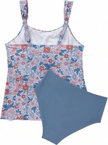 High Waisted Ruffle Tankini Swimsuit Plus Size Tummy Control - Blue Orange Printed - View 9