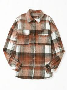 Acelitt Women's Brown Plaid Turndown Collar Pocket Casual Shacket, Autumn/Winter - Multicolor - View 3