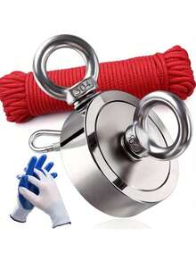 双面钕铁硼钓鱼磁铁，附20米红绳和手套，组合拉力（249KG），超强钓鱼磁铁，直径1.88英寸（48毫米），非常适合河流和磁力钓鱼