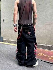 1 chiếc quần jeans nam ống rộng dáng suông, thương hiệu thời trang đường phố Mỹ, họa tiết thêu, kiểu dáng đa năng (Không bao gồm thắt lưng và phụ kiện) - màu đen - Xem 5