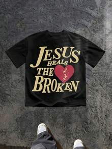 Jesus Heals The Broken   (180 Cotton T-Shirt) Men's Round Neck And Short Sleeves, Casual Cotton, Casual Fashion, Suitable For Indoor And Outdoor Wear And Holiday Gifts - 黑色 - 查看 1