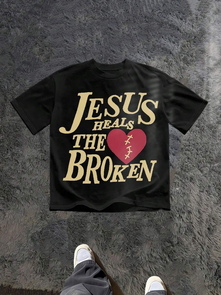 Jesus Heals The Broken   (180 Cotton T-Shirt) Men's Round Neck And Short Sleeves, Casual Cotton, Casual Fashion, Suitable For Indoor And Outdoor Wear And Holiday Gifts - 黑色 - 查看 1