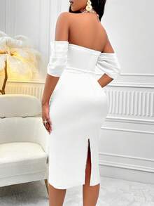 AIJ Vestido ajustado de unicolor elegante con hombros descubiertos y fruncido de Amarilo - Blanco - Ver 4