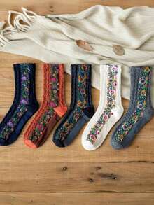 5 Pairs Women's Vintage Floral Knitted Socks - Bohemian Style Crew Socks For Autumn Winter, Warm Comfortable Boot Socks With  Design, Perfect Match For Boots & Dresses, Ideal Festival Gift