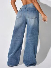 Low Waist Wide Leg Casual Blue Ripped Slanted Pocket Curved Women'S Jeans